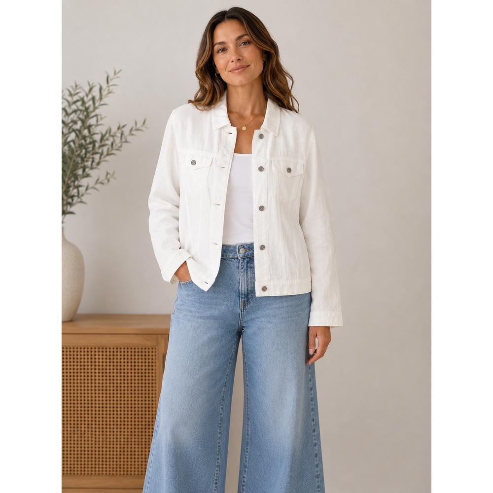 Jones New York White Linen Trucker Jacket Womens 1X Coastal Minimalist Boho